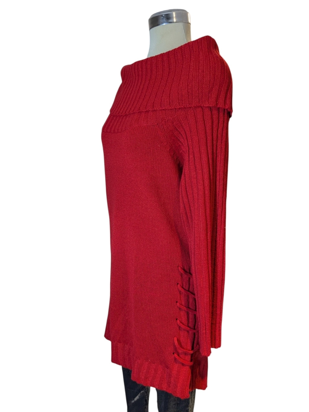 Off-Shoulder Lace-Up Knit Sweater in Red - Picture 4 of 15